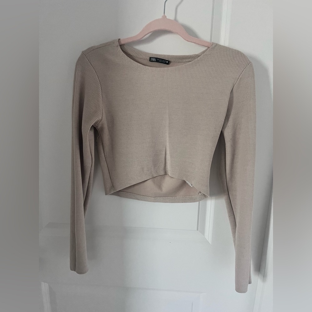 Zara Taupe Ribbed Long Sleeve Crop Top